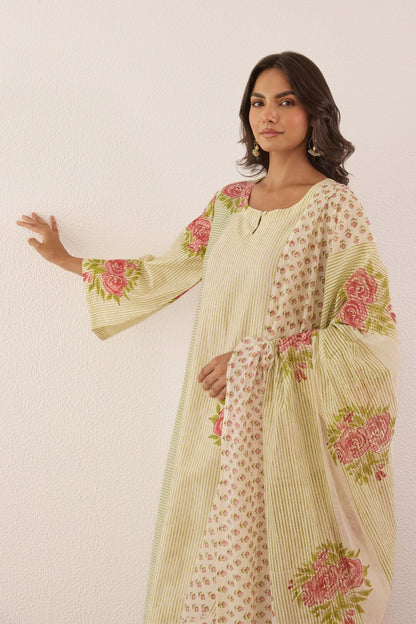 Pastel Green Hand Block Printed Chanderi Floral Kurta Set With Dupatta - Tara - C - Tara