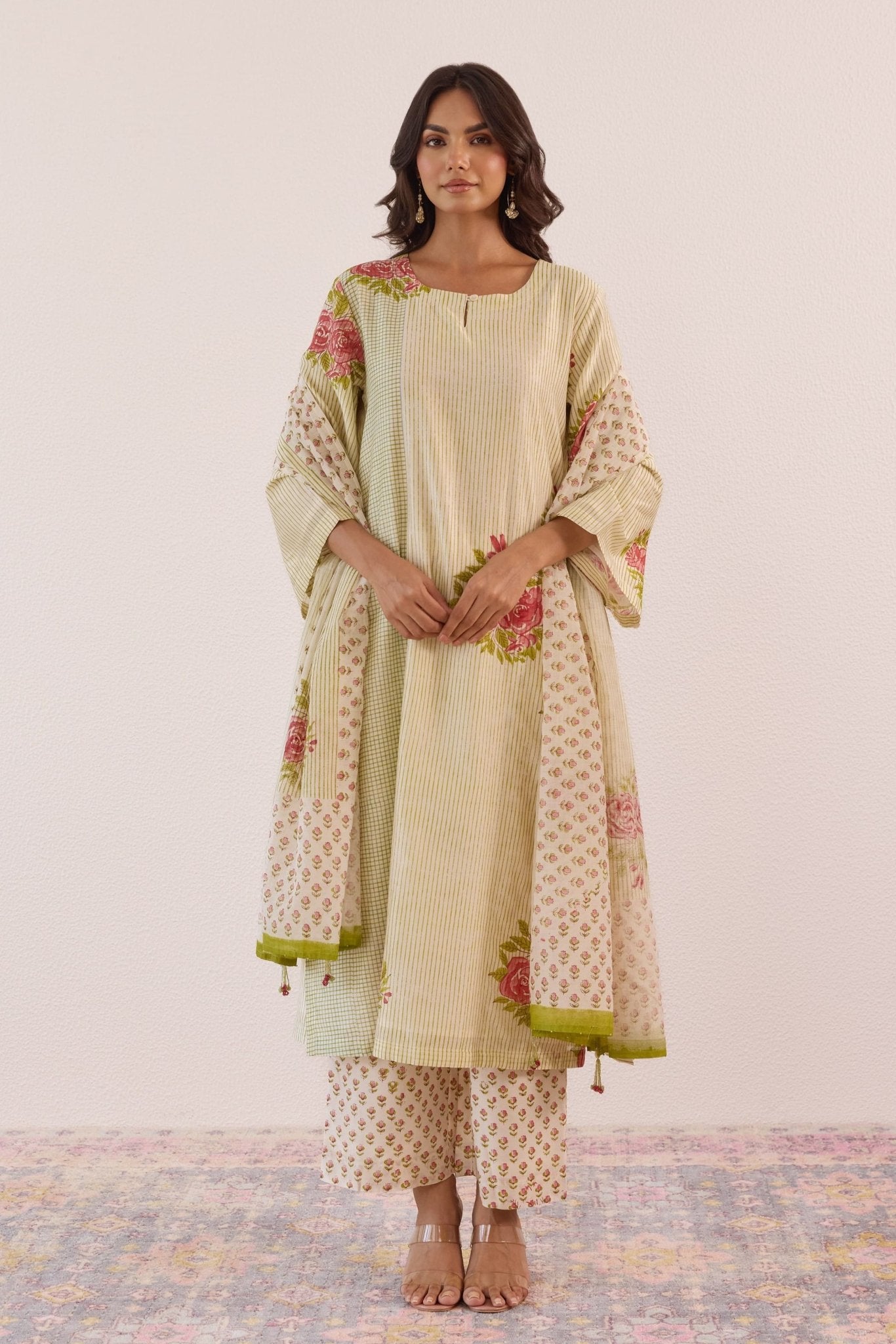 Pastel Green Hand Block Printed Chanderi Floral Kurta Set With Dupatta - Tara - C - Tara
