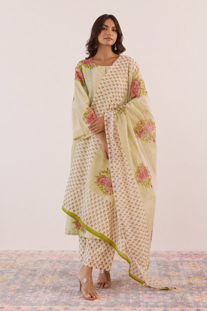 Pastel Green Hand Block Printed Chanderi Floral Kurta Set With Dupatta - Tara - C - Tara