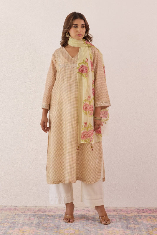 Pastel Pink Checks Hand Block Printed Chanderi Kurta Set With Stowle - Tara - C - Tara