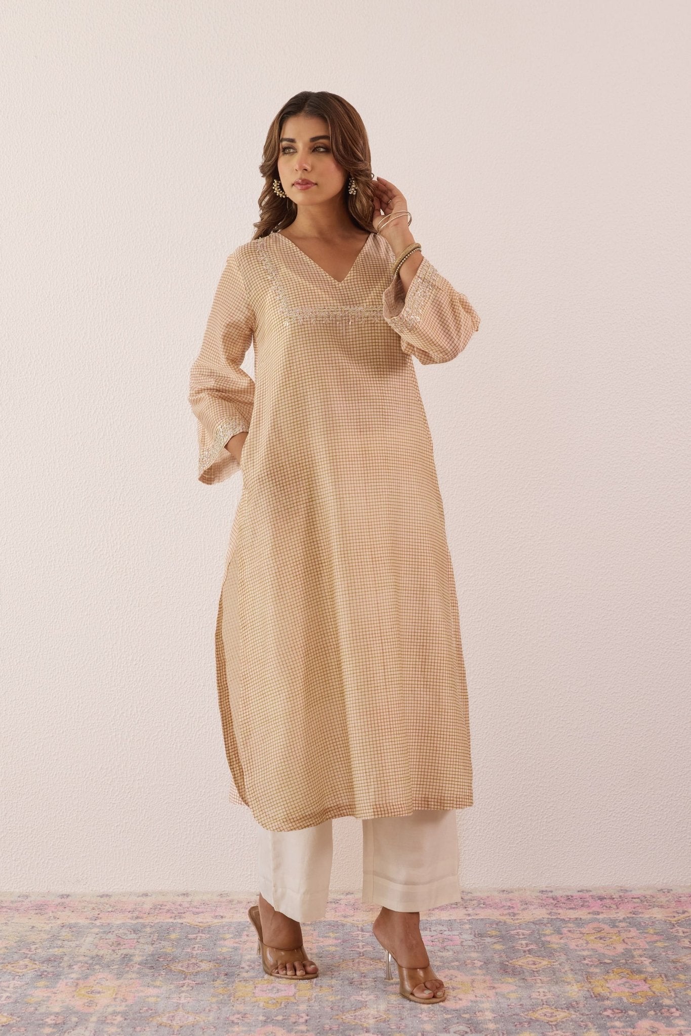 Pastel Pink Checks Hand Block Printed Chanderi Kurta Set With Stowle - Tara - C - Tara