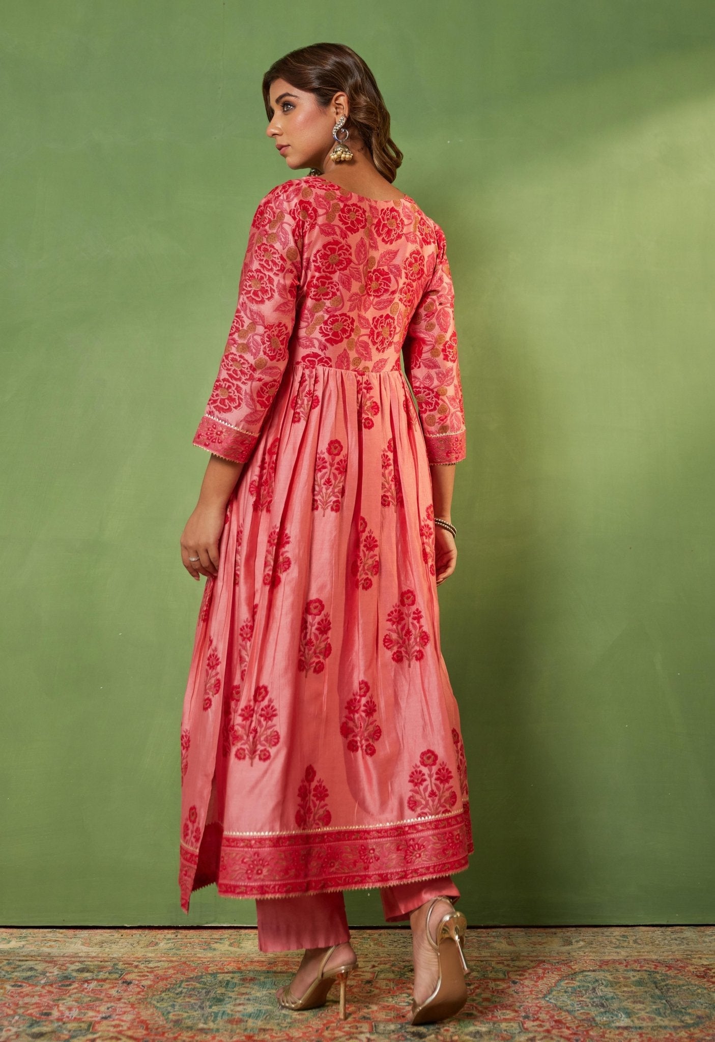 Pink Chanderi Hand Block Printed Suit Set With Dupatta - Tara - C - Tara