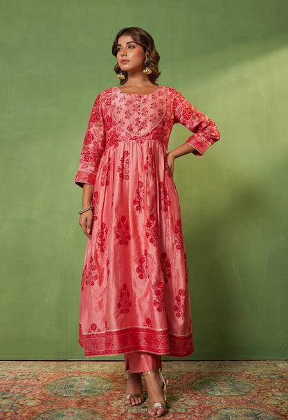 Pink Chanderi Hand Block Printed Suit Set With Dupatta - Tara - C - Tara