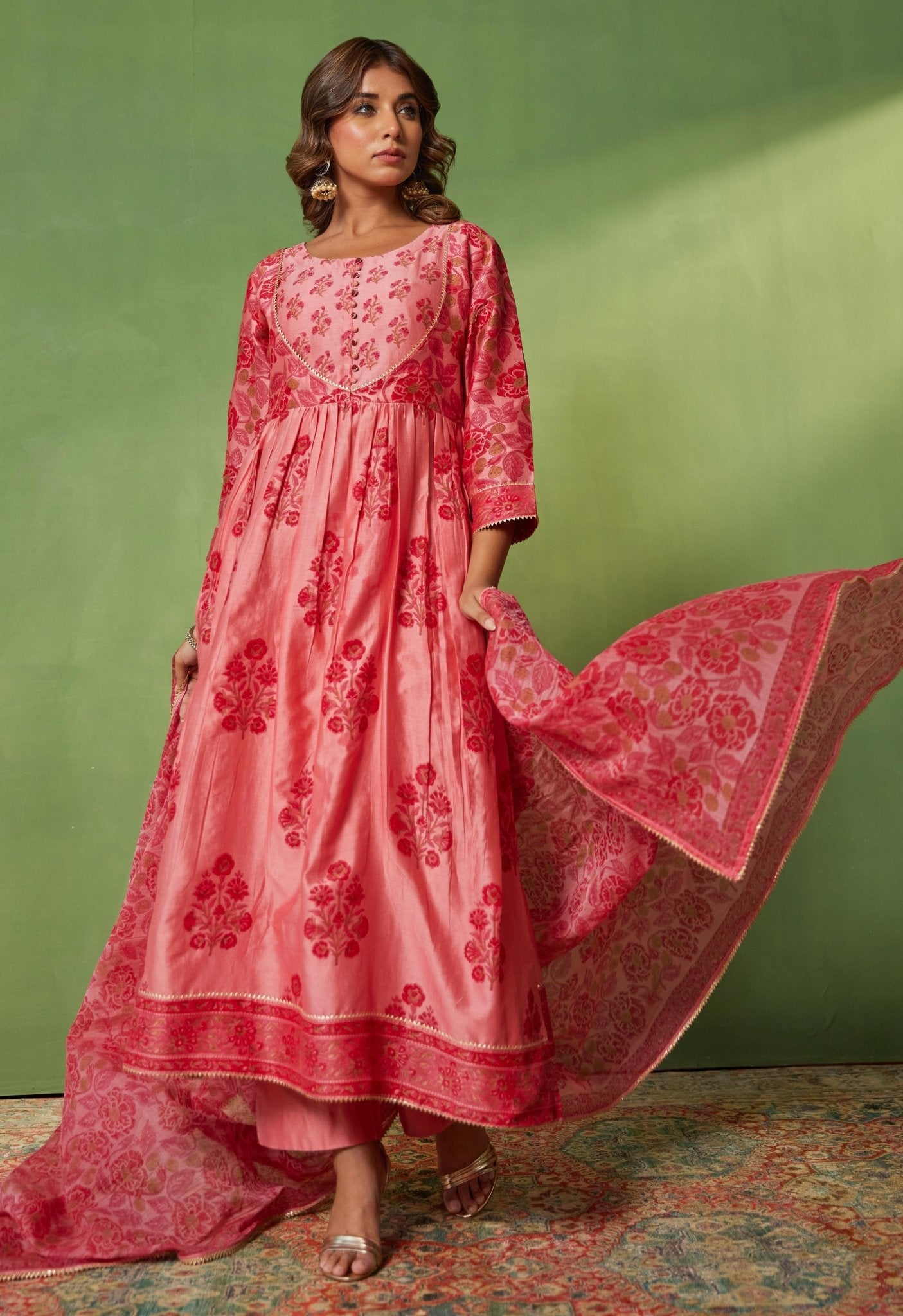 Pink Chanderi Hand Block Printed Suit Set With Dupatta - Tara - C - Tara