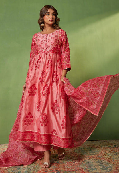 Pink Chanderi Hand Block Printed Suit Set With Dupatta - Tara - C - Tara