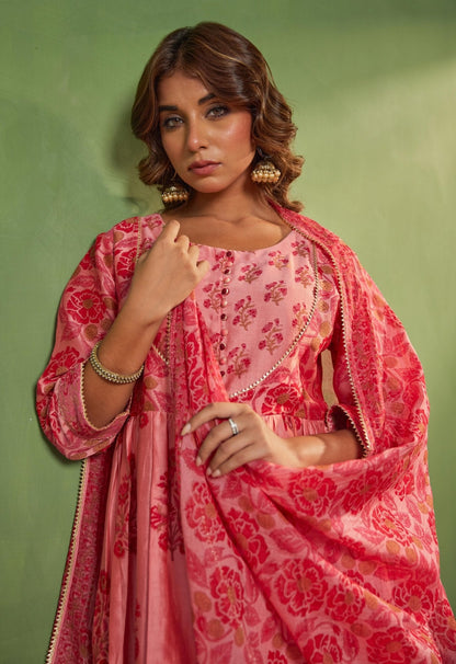 Pink Chanderi Hand Block Printed Suit Set With Dupatta - Tara - C - Tara