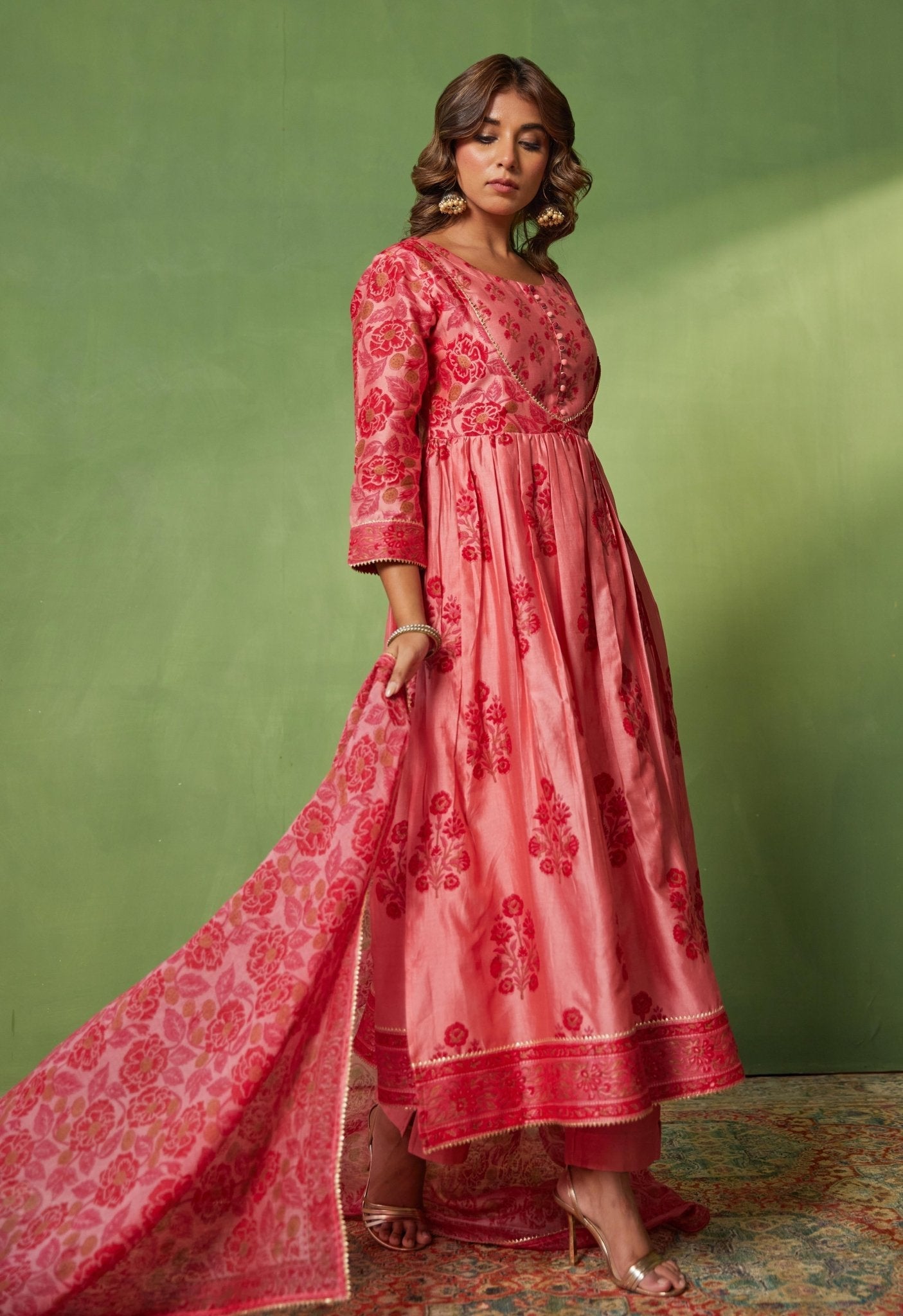 Pink Chanderi Hand Block Printed Suit Set With Dupatta - Tara - C - Tara