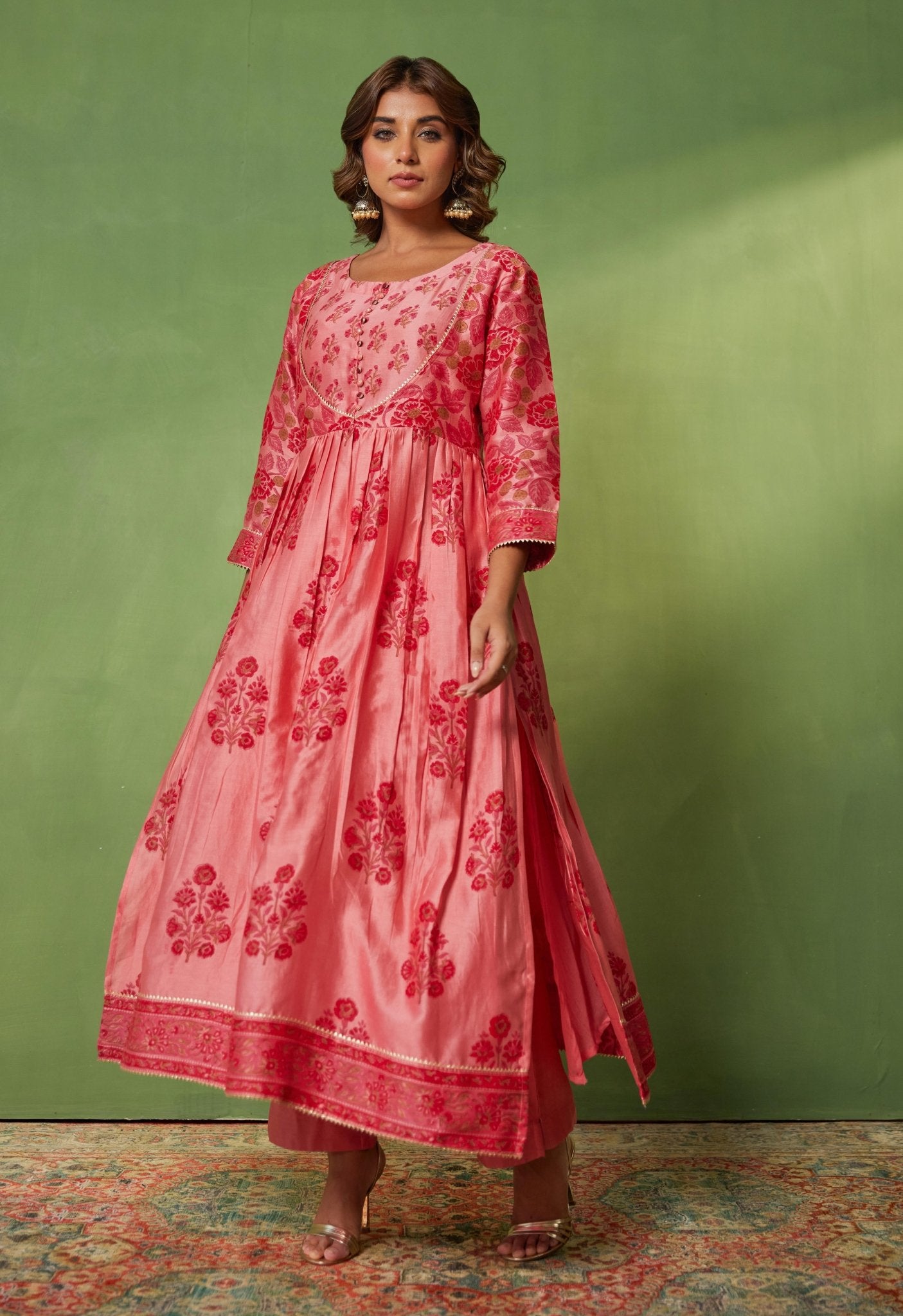 Pink Chanderi Hand Block Printed Suit Set With Dupatta - Tara - C - Tara
