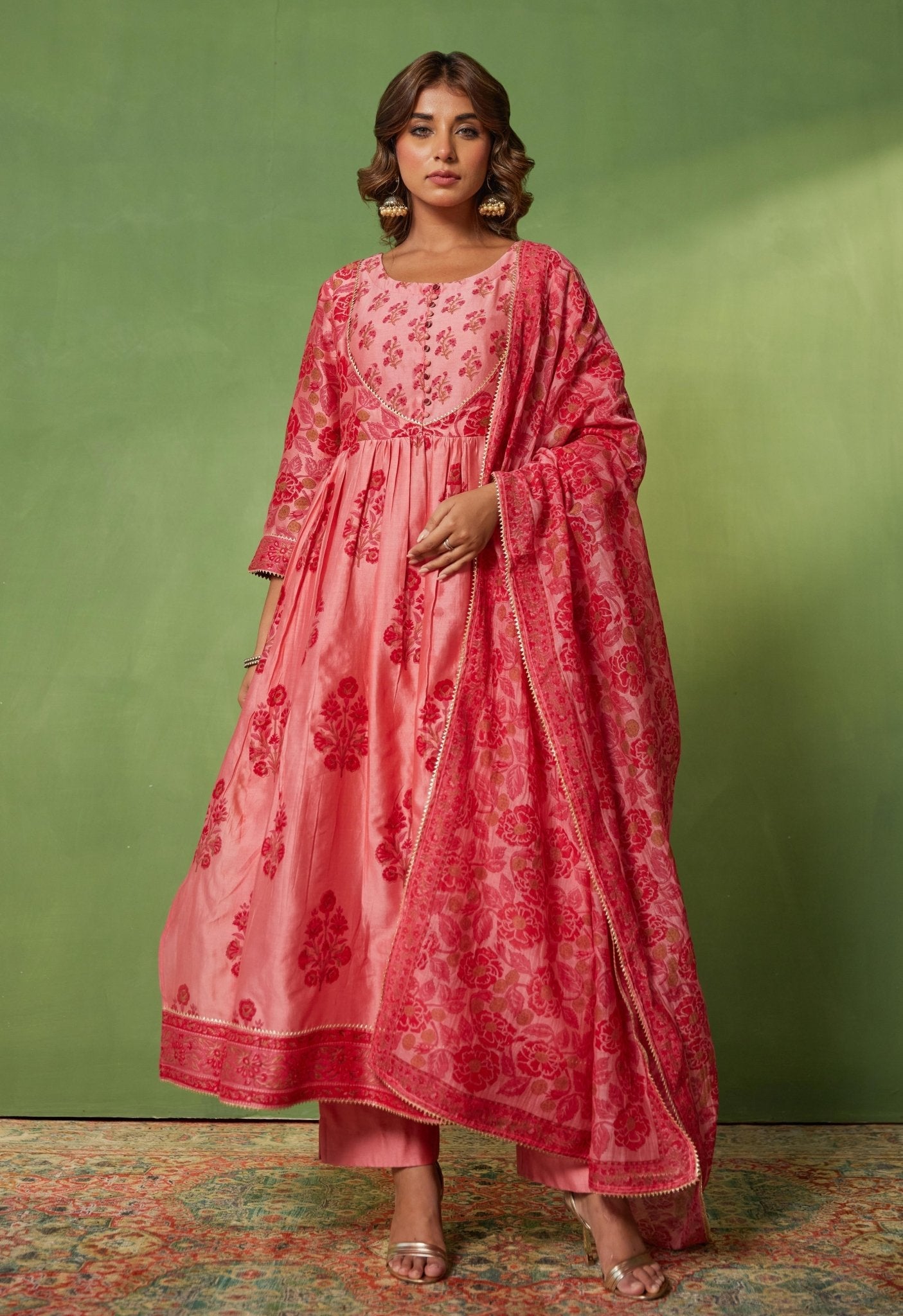 Pink Chanderi Hand Block Printed Suit Set With Dupatta - Tara - C - Tara