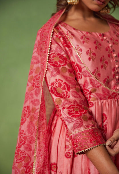 Pink Chanderi Hand Block Printed Suit Set With Dupatta - Tara - C - Tara