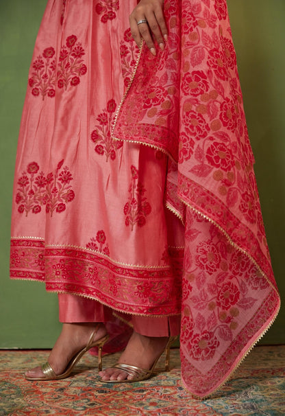 Pink Chanderi Hand Block Printed Suit Set With Dupatta - Tara - C - Tara