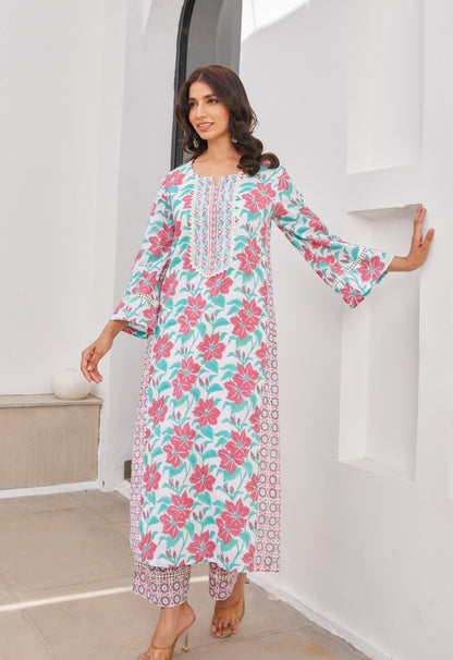 Pink Floral Hand Block Printed Kurta Set With Dupatta - Tara - C - Tara
