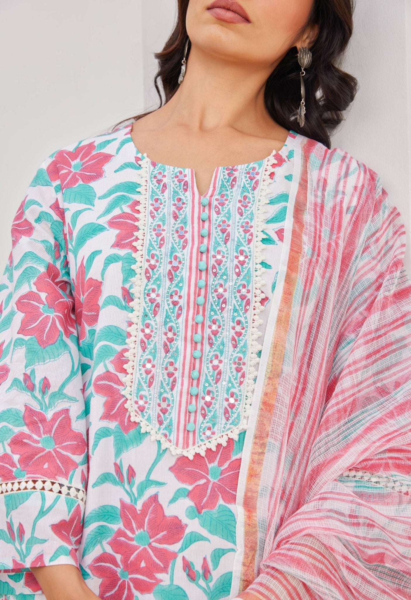 Pink Floral Hand Block Printed Kurta Set With Dupatta - Tara - C - Tara