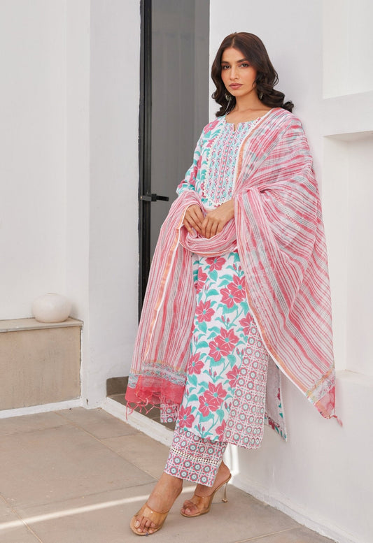 Pink Floral Hand Block Printed Kurta Set With Dupatta - Tara - C - Tara