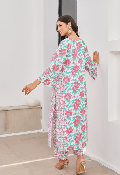 Pink Floral Hand Block Printed Kurta Set With Dupatta - Tara - C - Tara