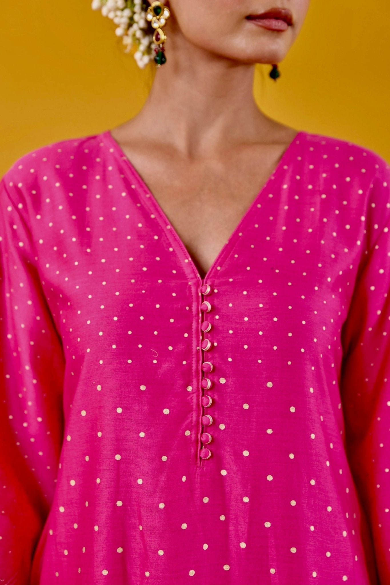 Rani Pink Hand Block Printed Chanderi Kurta Set With Dupatta - Tara - C - Tara