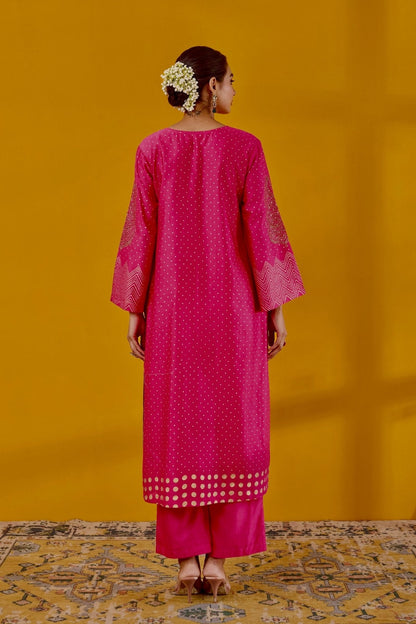 Rani Pink Hand Block Printed Chanderi Kurta Set With Dupatta - Tara - C - Tara