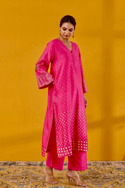 Rani Pink Hand Block Printed Chanderi Kurta Set With Dupatta - Tara - C - Tara