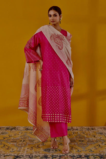 Rani Pink Hand Block Printed Chanderi Kurta Set With Dupatta - Tara - C - Tara