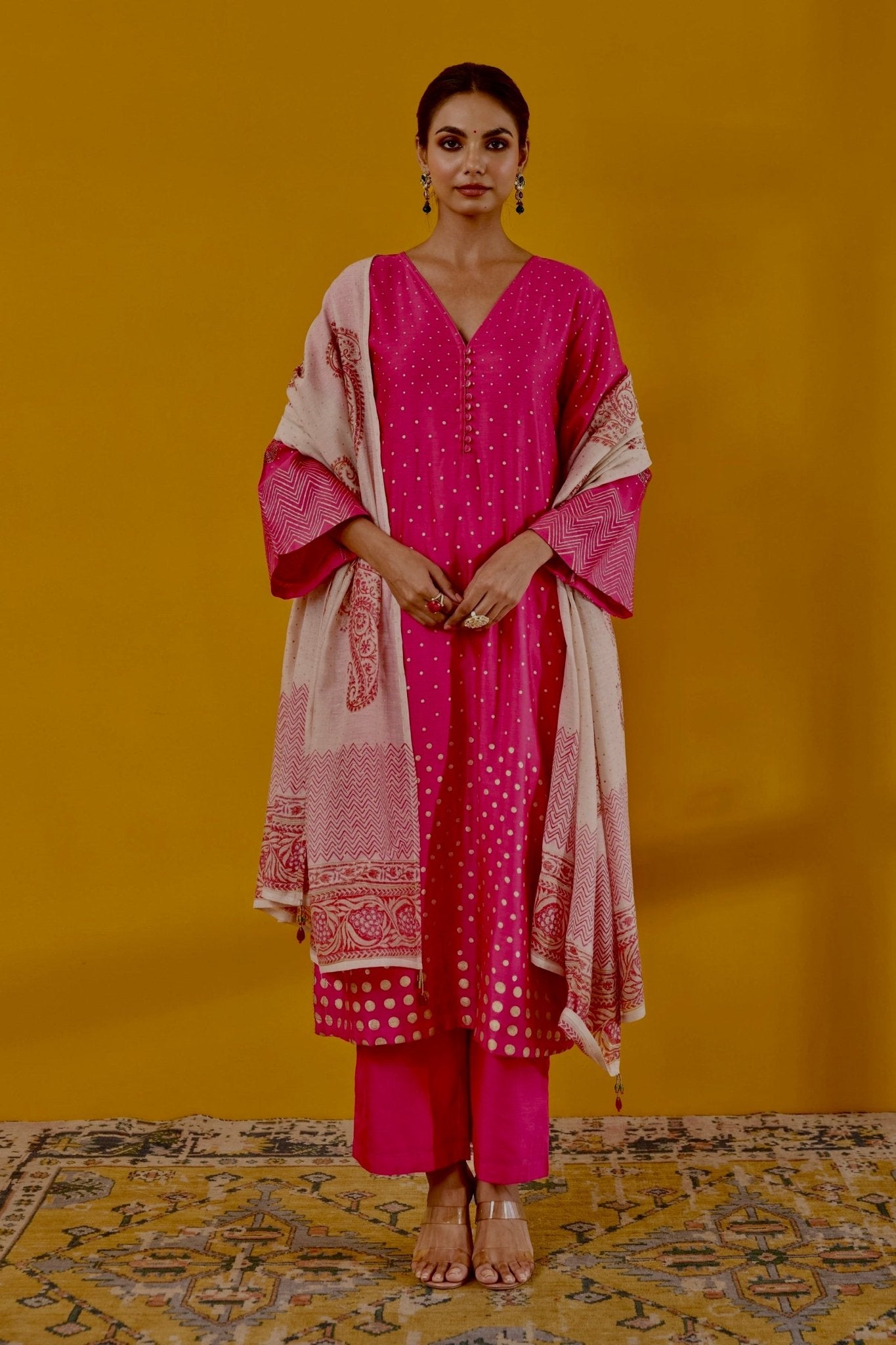 Rani Pink Hand Block Printed Chanderi Kurta Set With Dupatta - Tara - C - Tara