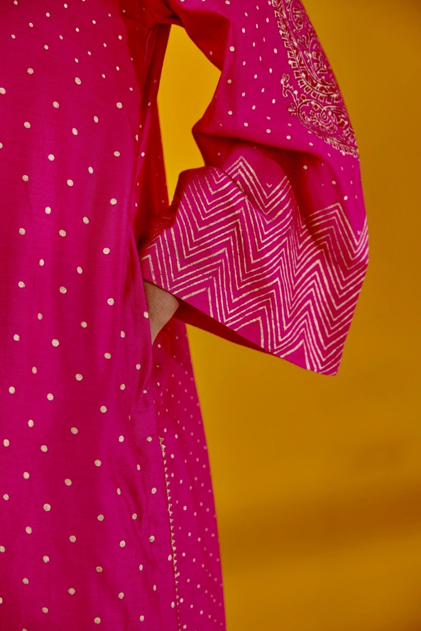 Rani Pink Hand Block Printed Chanderi Kurta Set With Dupatta - Tara - C - Tara