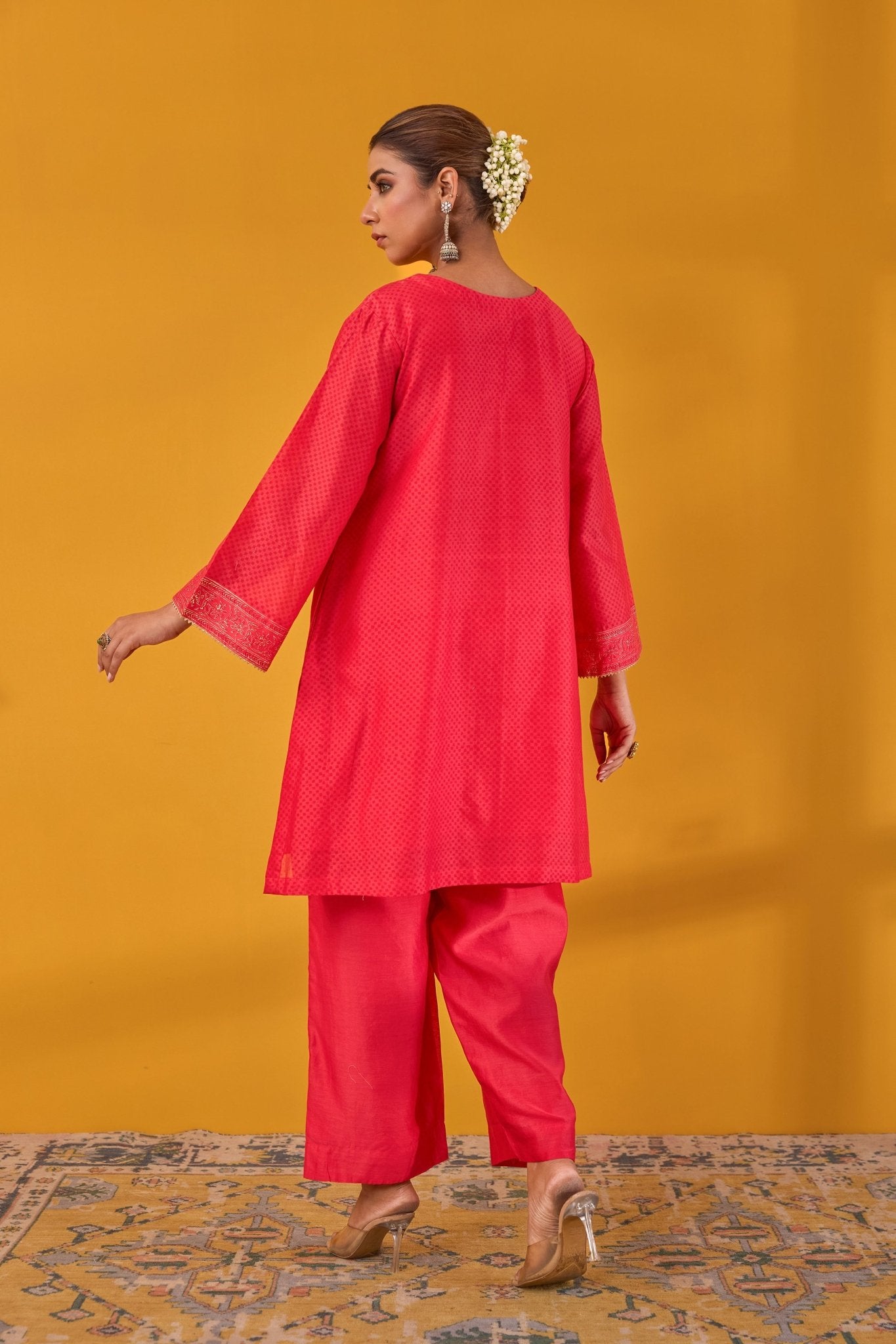 Red Chanderi Hand Block Printed Kurta Set With Dupatta - Tara - C - Tara