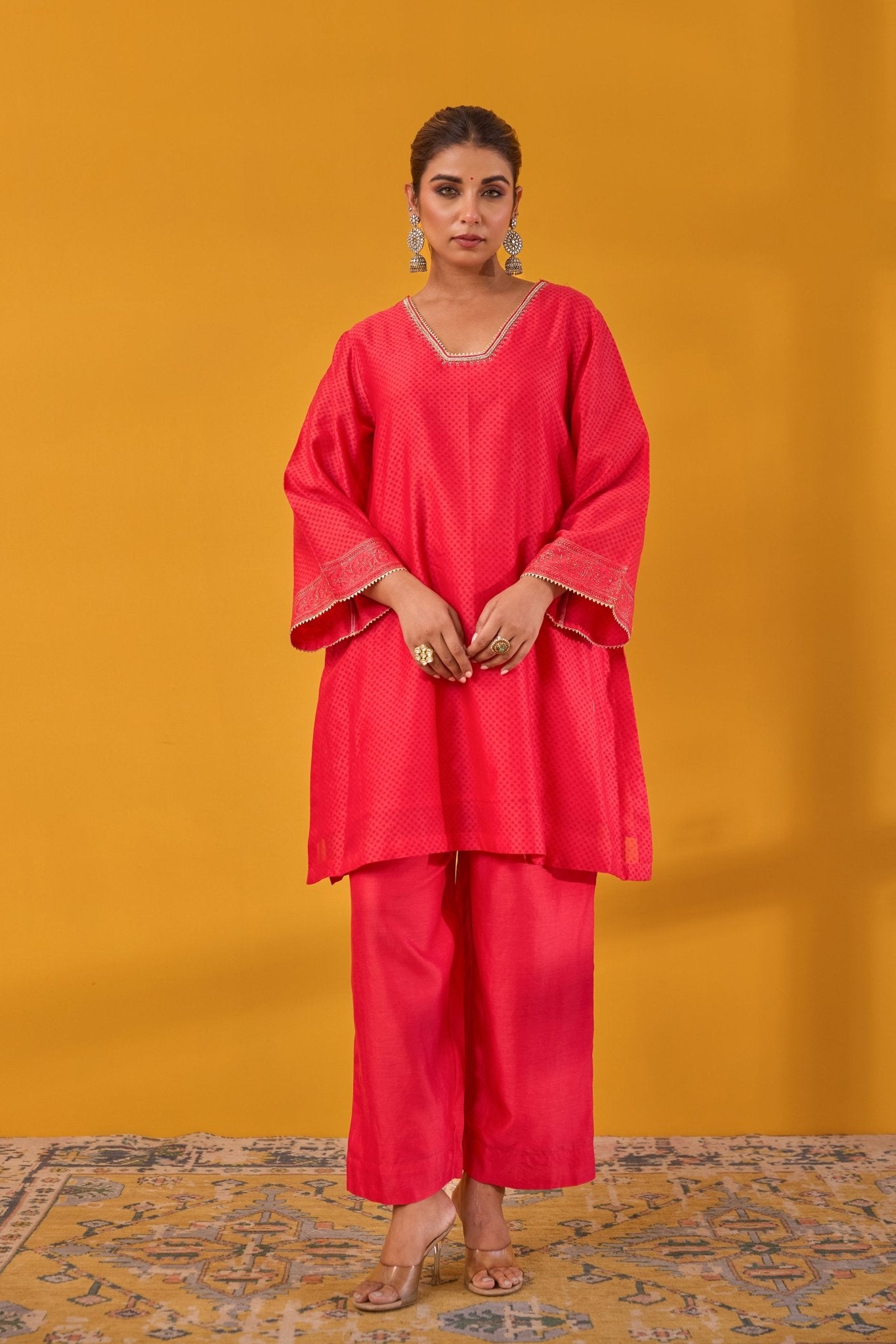 Red Chanderi Hand Block Printed Kurta Set With Dupatta - Tara - C - Tara