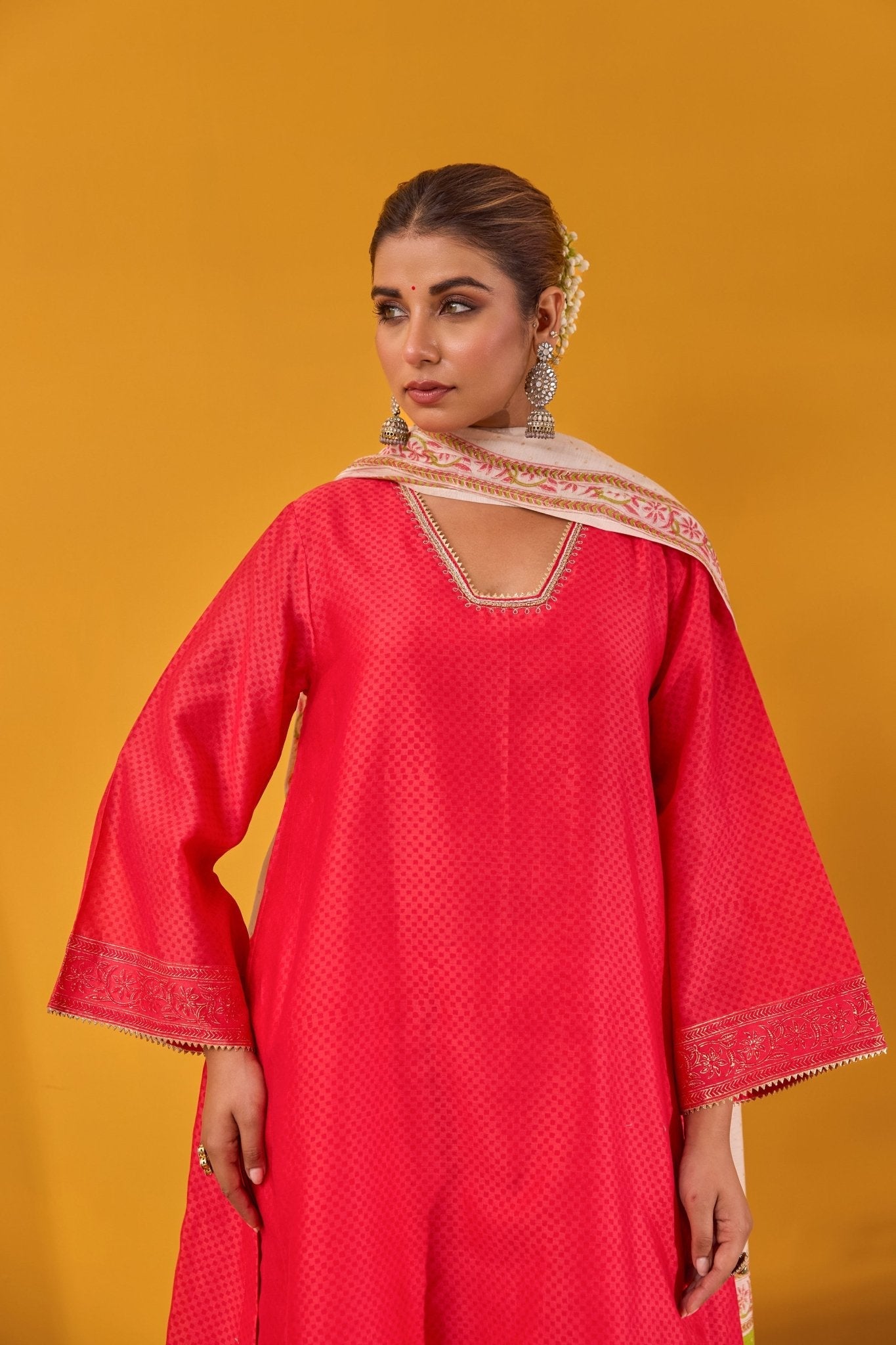 Red Chanderi Hand Block Printed Kurta Set With Dupatta - Tara - C - Tara