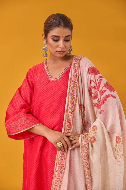 Red Chanderi Hand Block Printed Kurta Set With Dupatta - Tara - C - Tara