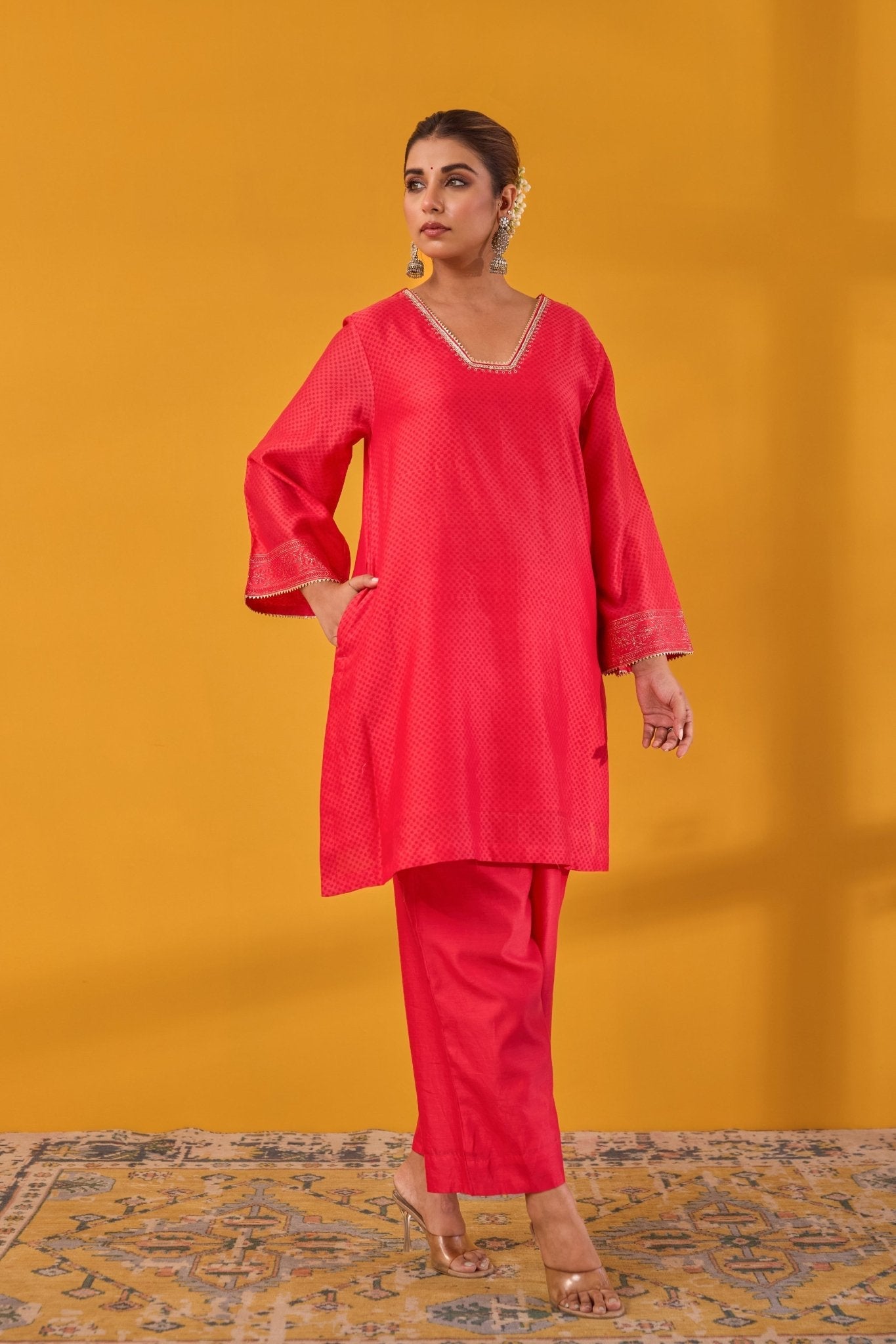 Red Chanderi Hand Block Printed Kurta Set With Dupatta - Tara - C - Tara