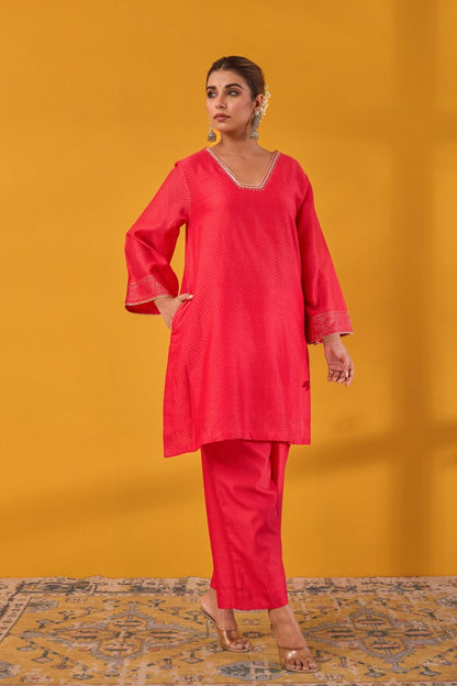 Red Chanderi Hand Block Printed Kurta Set With Dupatta - Tara - C - Tara