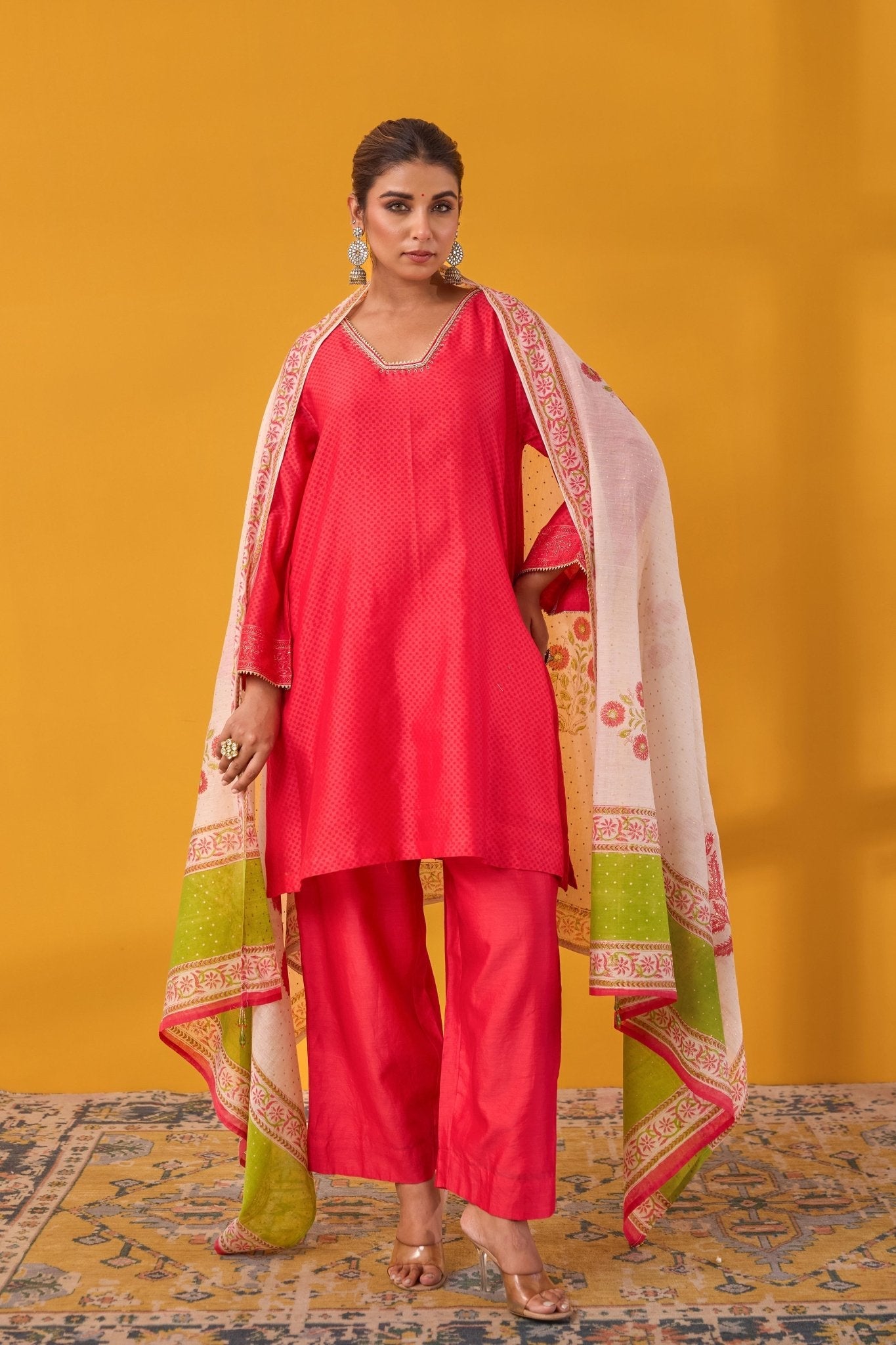 Red Chanderi Hand Block Printed Kurta Set With Dupatta - Tara - C - Tara