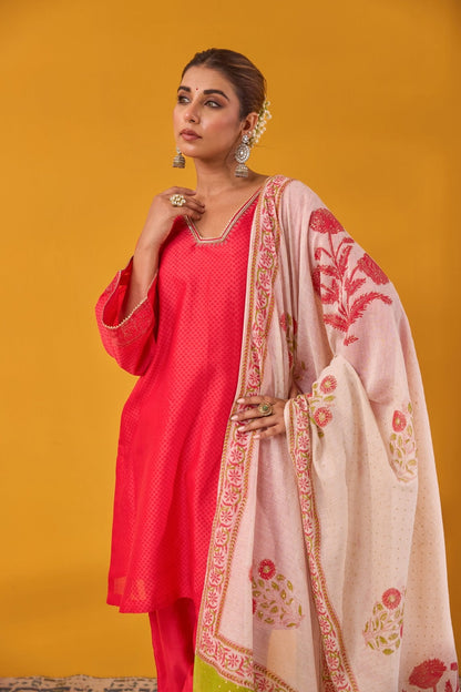 Red Chanderi Hand Block Printed Kurta Set With Dupatta - Tara - C - Tara