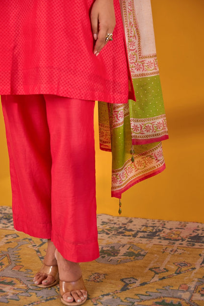 Red Chanderi Hand Block Printed Kurta Set With Dupatta - Tara - C - Tara