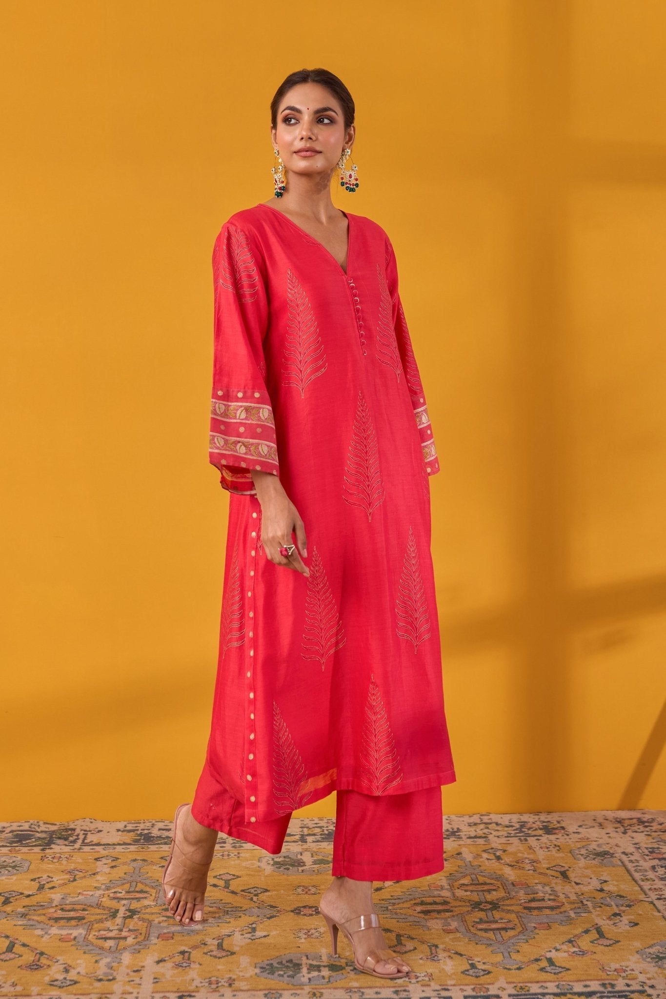 Red Hand Block Printed Chanderi Kurta Set With Dupatta - Tara - C - Tara