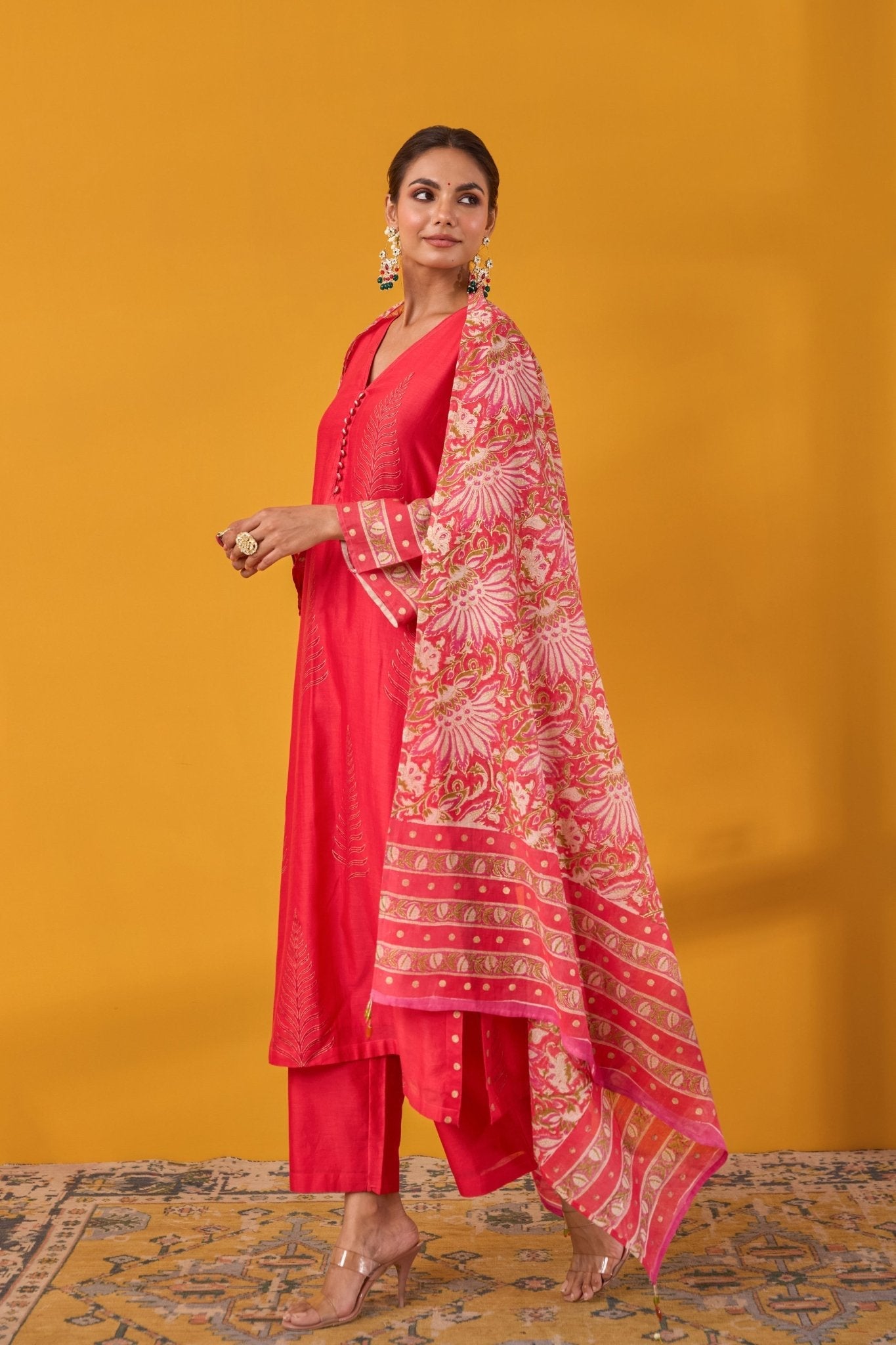 Red Hand Block Printed Chanderi Kurta Set With Dupatta - Tara - C - Tara