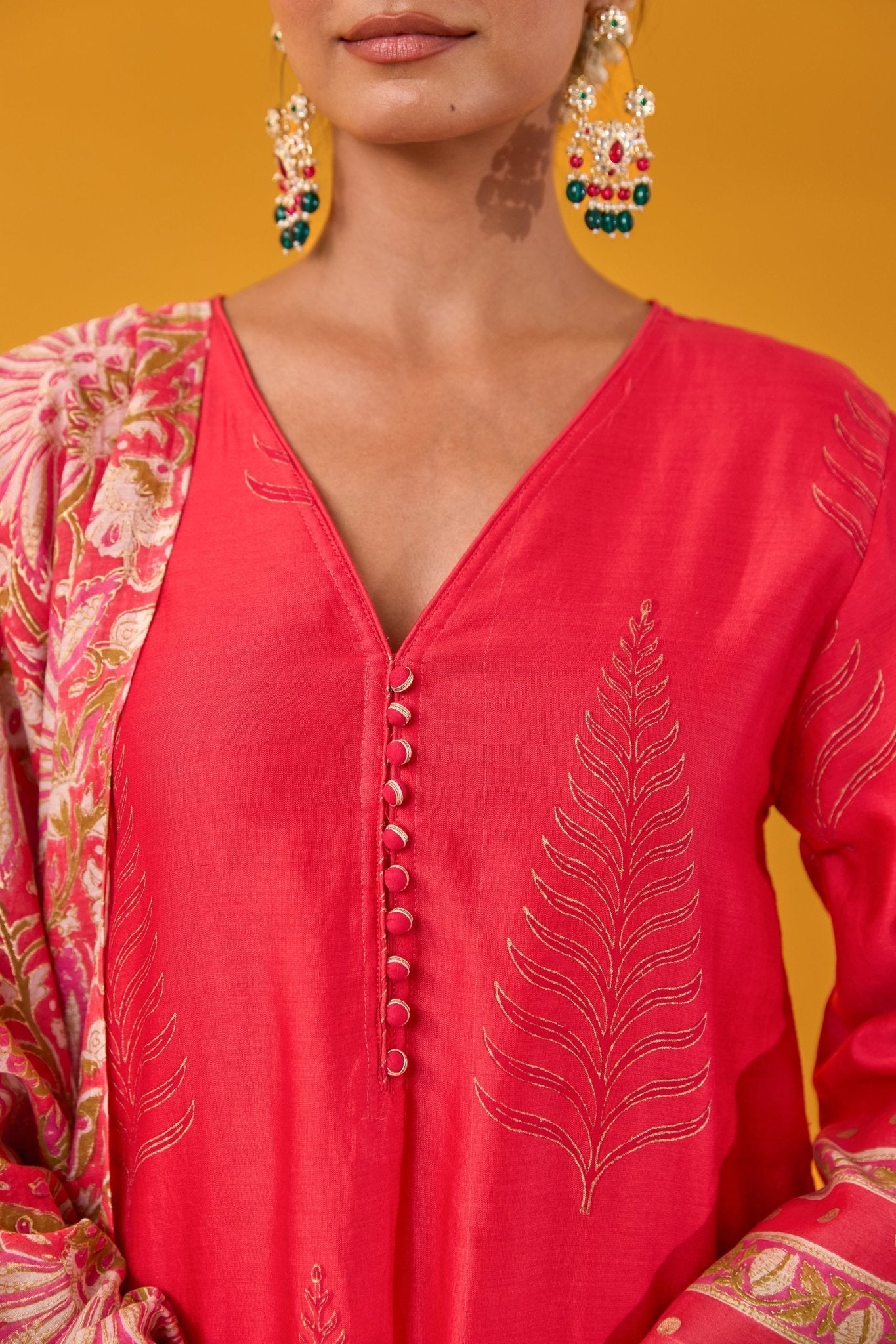 Red Hand Block Printed Chanderi Kurta Set With Dupatta - Tara - C - Tara