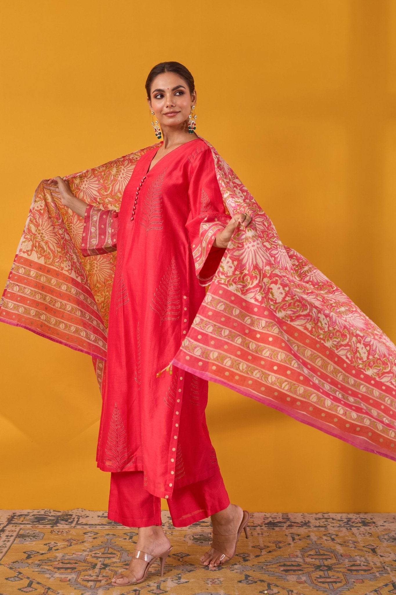 Red Hand Block Printed Chanderi Kurta Set With Dupatta - Tara - C - Tara