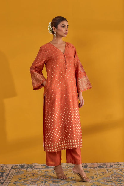 Rust Hand Block Printed Chanderi Kurta Set With Dupatta - Tara - C - Tara