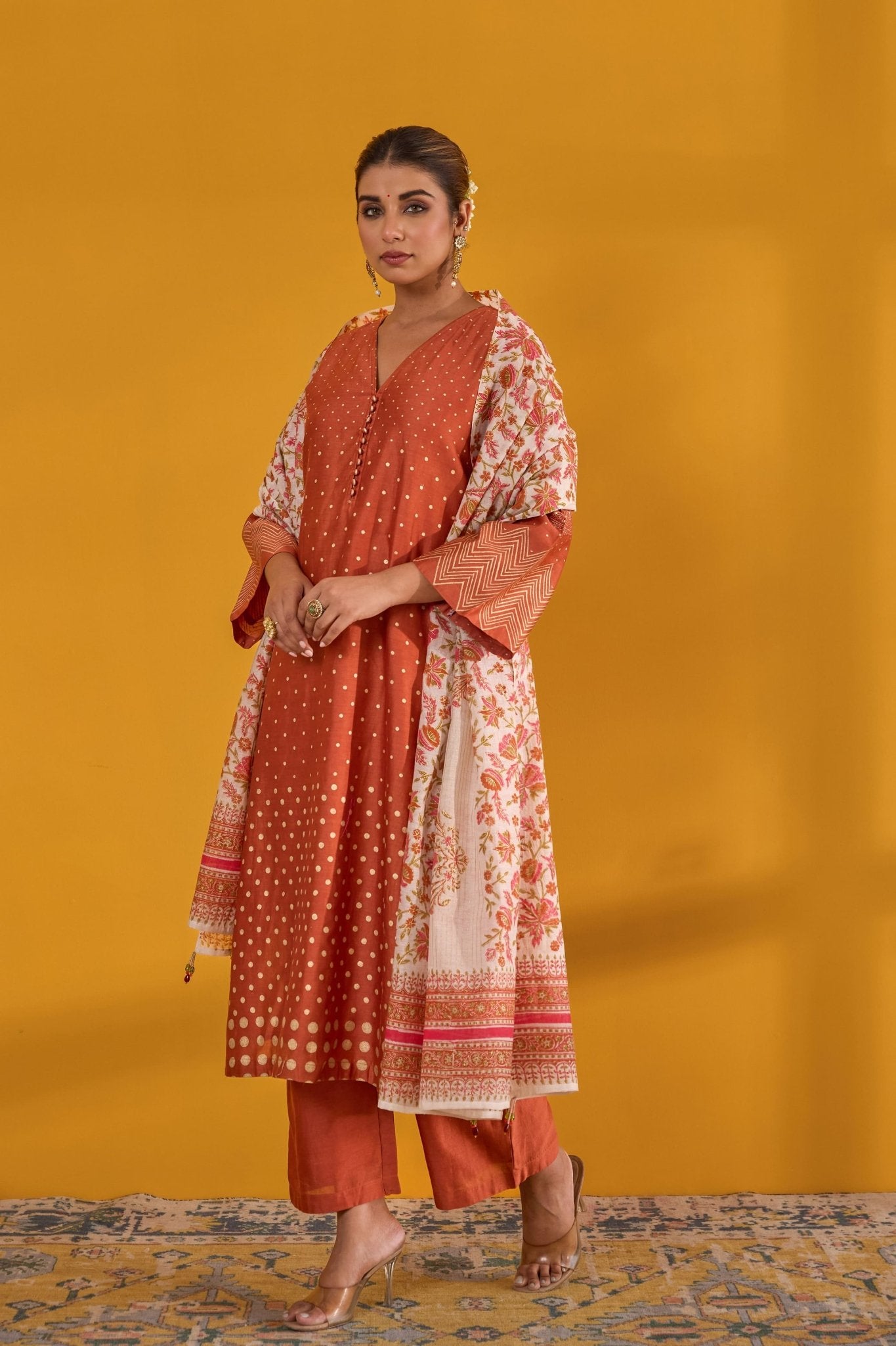 Rust Hand Block Printed Chanderi Kurta Set With Dupatta - Tara - C - Tara