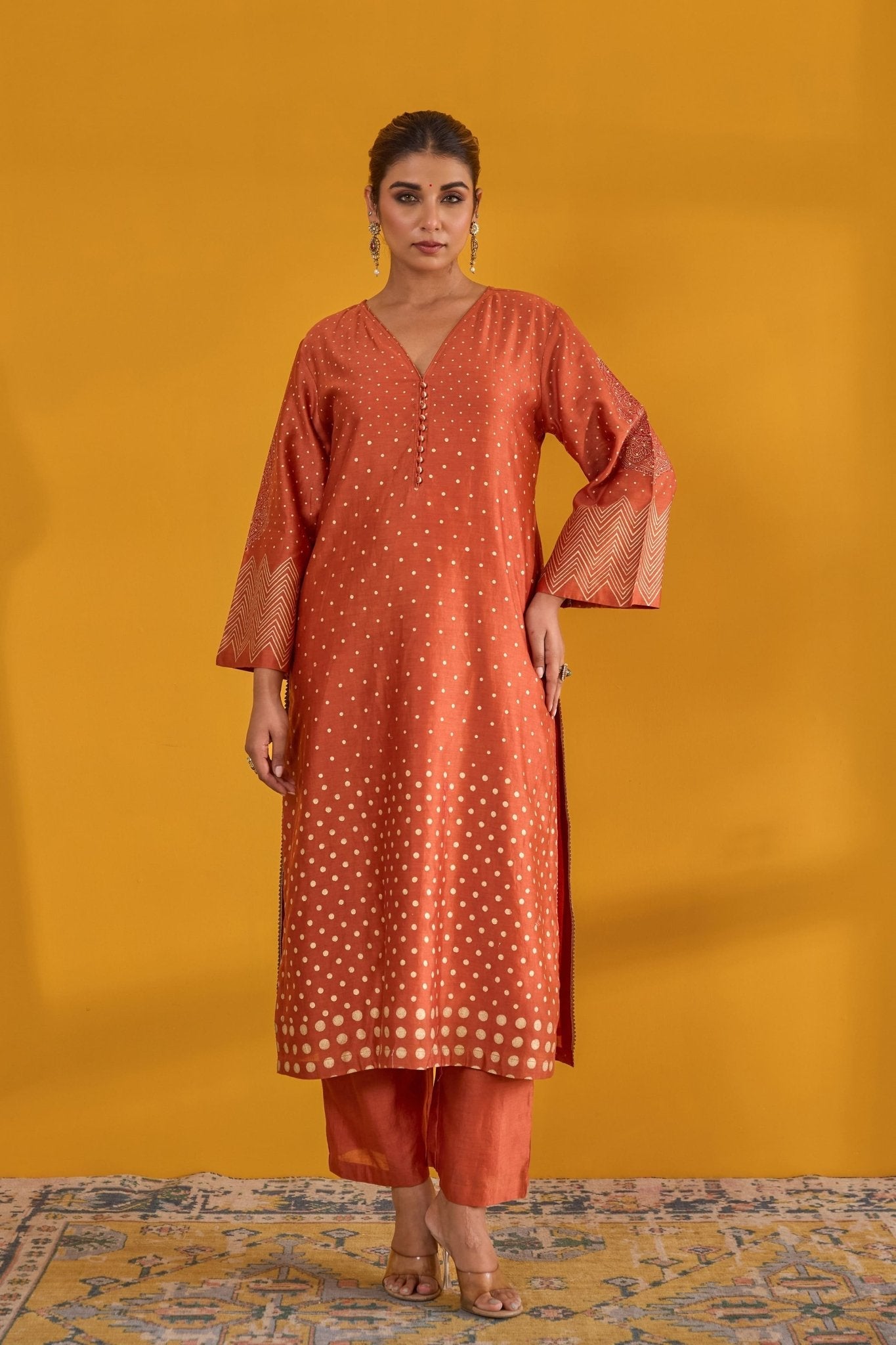 Rust Hand Block Printed Chanderi Kurta Set With Dupatta - Tara - C - Tara