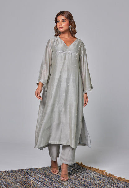 Silver Elegance: Grey Chanderi Coord Set with Hand Embroidered Kurta and Stole - Tara - C - Tara