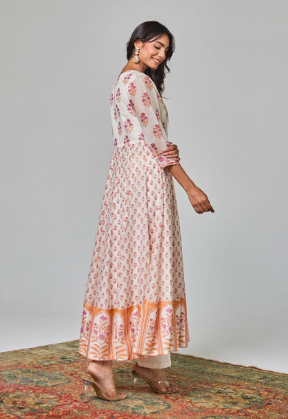 Timeless Elegance: White and Pink Handblock Anarkali with Kaaj Button Detail - Tara - C - Tara