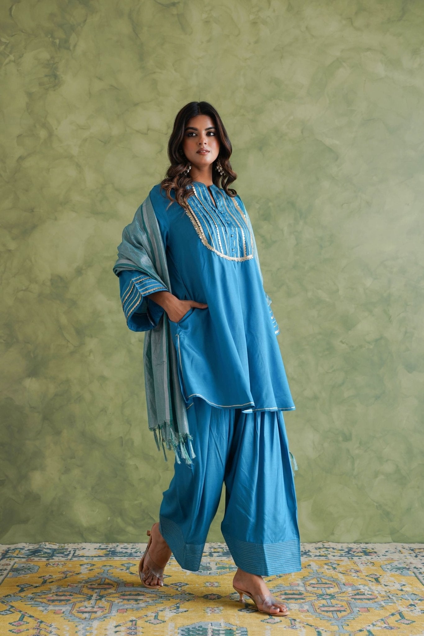 Vibrant Blue Farshi Salwar Suit Set With Dupatta - Tara - C - Tara