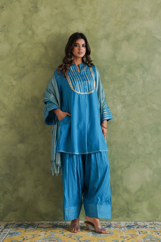 Vibrant Blue Farshi Salwar Suit Set With Dupatta - Tara - C - Tara