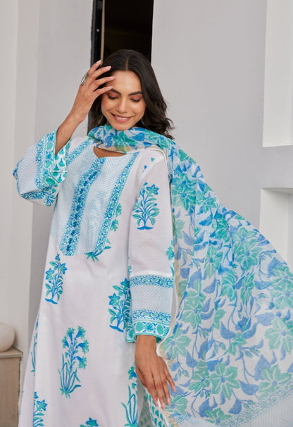White Blue Floral Hand Block Printed kurta Set - Tara - C - Tara