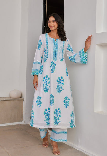 White Blue Floral Hand Block Printed kurta Set - Tara - C - Tara