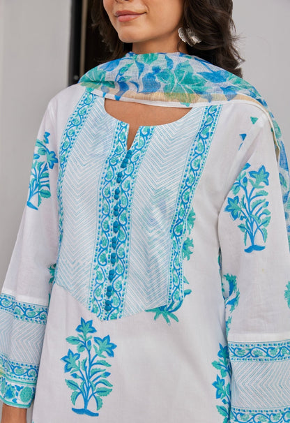 White Blue Floral Hand Block Printed kurta Set - Tara - C - Tara