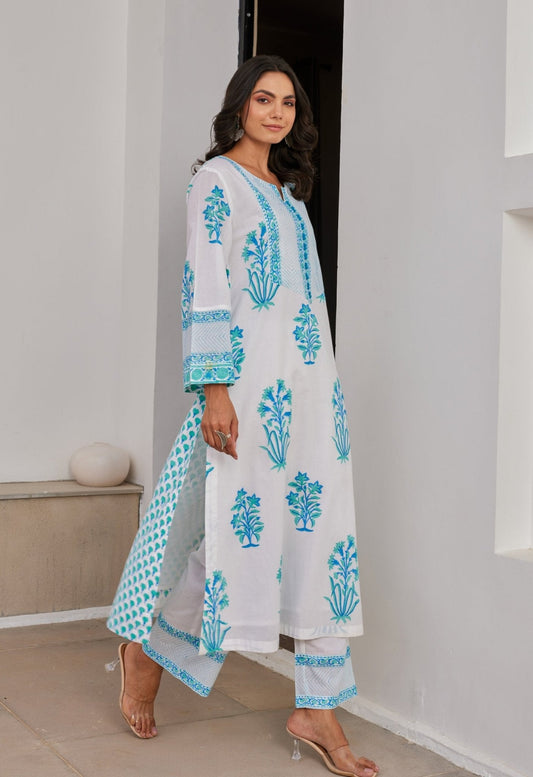 White Blue Floral Hand Block Printed kurta Set - Tara - C - Tara