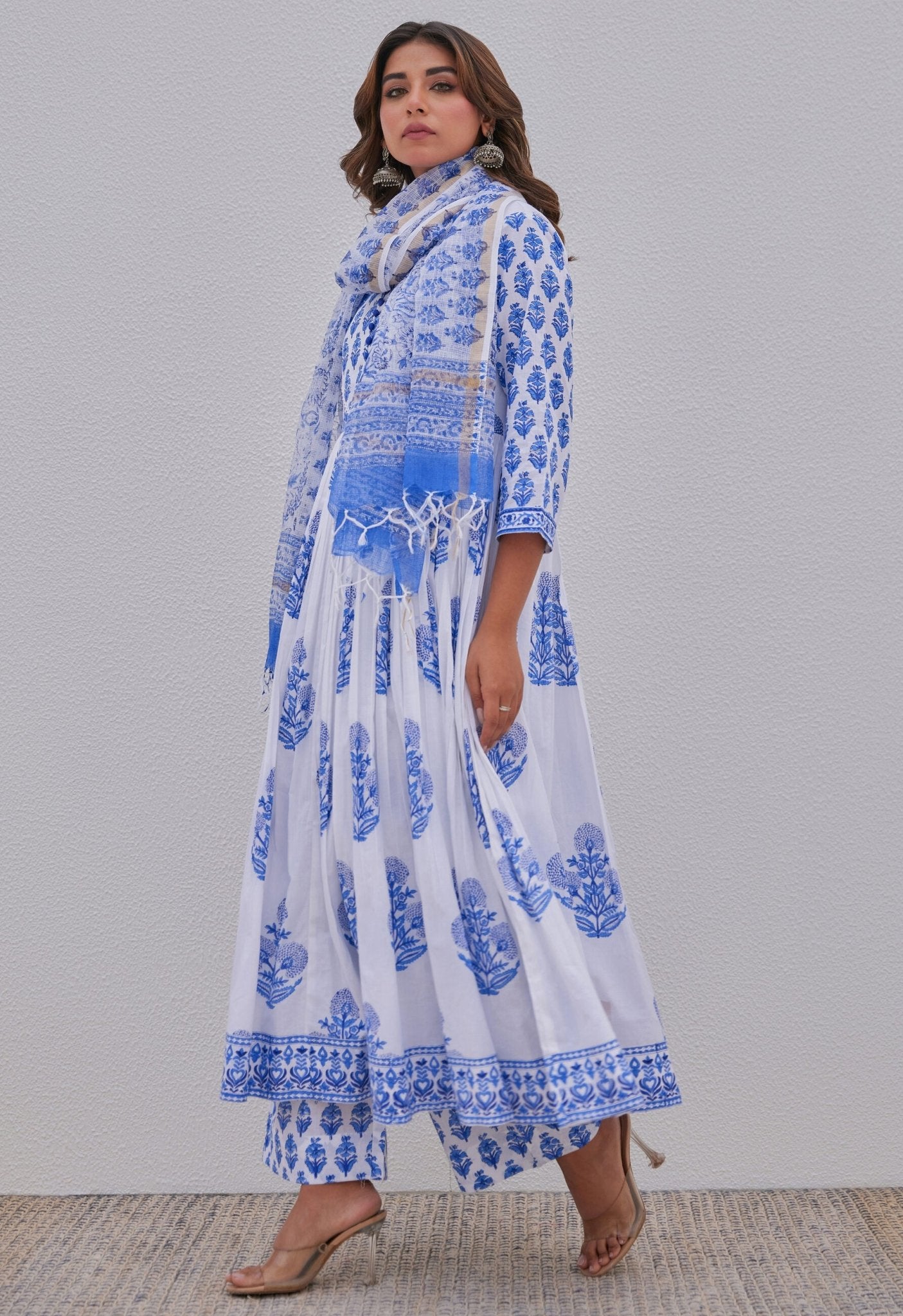 White Blue Hand Block Printed Anarkali kurta Set - Tara - C - Tara
